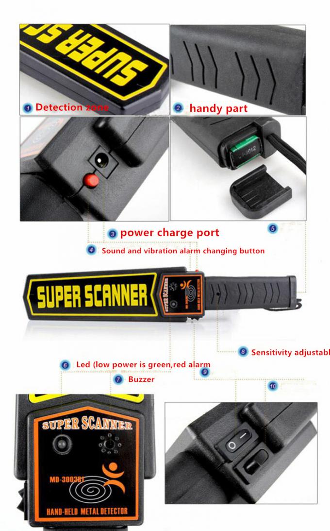 Detector de metais à mão acessível do carregador de bateria da correia de couro com luz da indicação de alarme 0